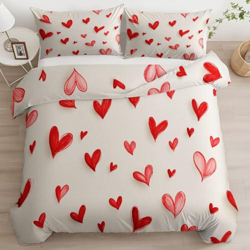 Generisch Bettwäsche Set 180 x 200 cm Reversibel Deckenbezug mit Reißverschluss Romantisch Rote Herzen Bettbezug Beige Bettwäsche mit 2 Kissenbezüge 80 x 80 cm