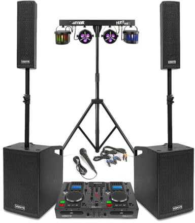 Vonyx VX1050BT Komplettes DJ Set – 1150W PA Anlage 2.2 + CDJ450 DJ Mixer + PartyBar LED DJ Lichtshow – Bluetooth, USB, CD – 2X 12 Subwoofer + Tops + Stativen – Mobil & Plug and Play