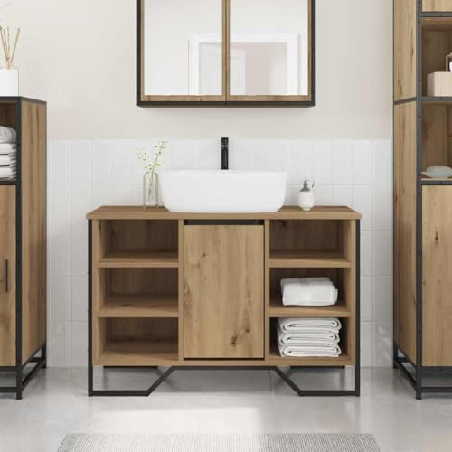 Ziaphsol Mobile lavabo in rovere Artisan in legno e acciaio, 91 x 35 x 60 cm, 6 ripiani, per bagno e WC degli ospiti, salvaspazio, molto capiente, facile da pulire