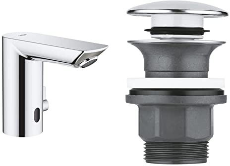 GROHE BAU Cosmopolitan E, mit Batterie, Infrarot-Elektronik für Waschtisch DN 15 mit Mischung und variabel einstellbarem Temperaturbegrenzer, Chrom + Zubehör - Ablaufgarnitur, mit Druckstopfen