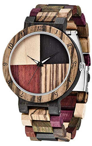 Tiong Men Watches with Handmade Colorful Bamboo Wood Watch Analog Quartz Wooden Watch for Men