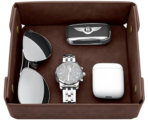 CASIRENA Valet Tray-Catchall Tray Organizer, Vanity Tray for Dice Rolling, Classy EDC Dump Tray, Premium PU Leather Caddy Holder for Storing Keys, Coins, Wallet, Watches, Eyeglasses-Brown Coffee