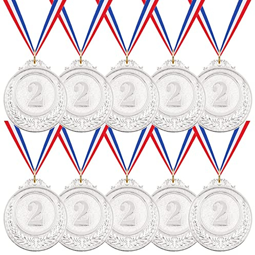 Swpeet Lot de 10 médailles de prix en argent avec ruban de cou, médailles de style olympique pour compétitions, décorations de fête, orthographe abeilles et récompenses