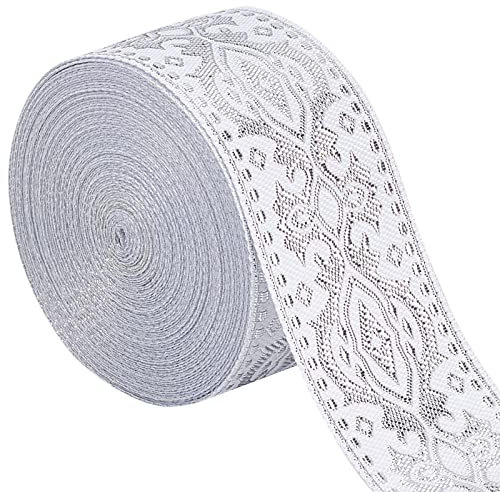 GORGECRAFT Nastro Jacquard Etnico 33 mm di Larghezza Doppio Lato Ricamo Floreale Argento Nastri Tessuti In Poliestere Fascia Bianca con Frange per Cucito Fai Da Te Artigianato Abbigliamento Tenda