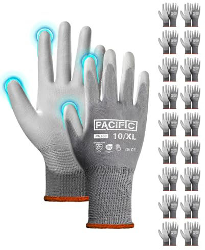 PACIFIC 18 paia di guanti di sicurezza rivestiti in PU, guanti da lavoro multiuso da uomo, Versatili, Protezione Meccanica e Industriale, senza cuciture, Power-Grip, grigio, XL/10