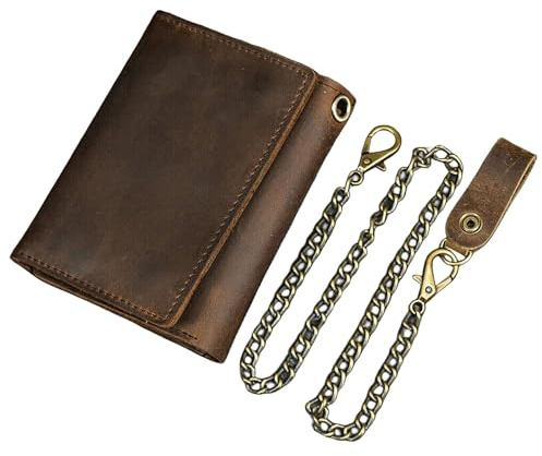 UCCKEYI Men Tri-fold Vintage Leather Biker Chain Wallet With Snap Closur Zipper Purse Brown