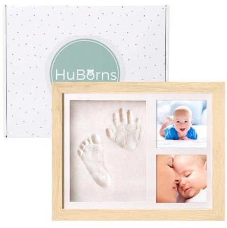 HuBorns – Marco huellas bebé recién nacido con arcilla, kit completo para huella pie y mano, cuadro recuerdo original, regalo bebé niño o niña y decoración habitación infantil