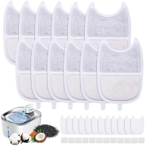 12 Stück Katzenbrunnen Filter, 12 Filter für Katzenbrunnen und 24 Schaumstofffilter mit Aktivkohle Naturharzen, Katzen Trinkbrunnen Filter, Katzenbrunnenfilter Ersatz kompatibel mit 4-L Trinkbrunnen