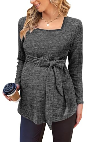 tiorhooe Women's Knit Maternity Tops Long Sleeve Breastfeeding Pregnancy Top Square Neck Tunic Maternity Clothes