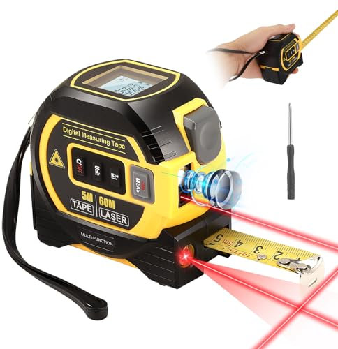 Neulriscn Laser Tape Measure, 3 in 1 Digital Laser Distance Measurement Tool, LCD Display, 196FT/60M Laser Measure, 16FT/5M Tape Measure and Cross Line Laser, M/In/Ft, Measuring Distance, Area, Volume