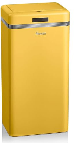 Swan Retro Cubo de Basura Cocina Automático, Sensor de Movimiento, 45 Litros, Metálico, Papelera Inteligente de Reciclaje Gran Capacidad, Diseño Vintage, Amarillo