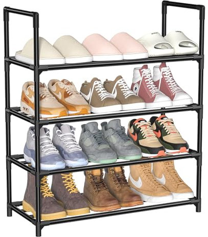 SOLVIEW Schuhregal Metall mit 4 Ebenen,Schuhschrank Organizer für 12 Paar,Stapelbar Schwarz Schuhregal Platzsparend für Flur, Outdoor, Abstellkammer, 60 x 25.5 x 72cm