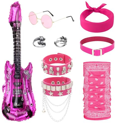 Kyndara 9Pcs Rock Star Punk Gothic Costume Set, Rocker Fancy Dress Accessories for Men Women with Bandana Retro Sunglasses Inflatable Guitar Rings Mask for 70s 80s Disco Theme Party Halloween