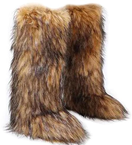 VALPEAKER Höga lurviga fuskpälsstövlar för kvinnor, vinter snö fluffiga långa stövlar för flickor, knähöga platta, Tallboots brun, 39 EU