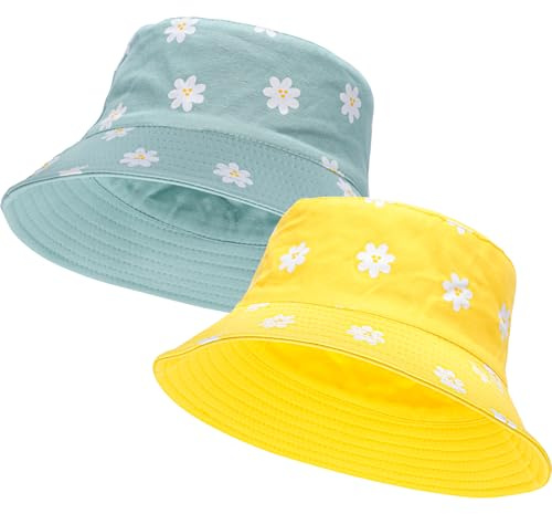 Fjquamitix 2er-Pack Fischerhüte Damen Sonnenblende Baumwolle Fischerhut Doppelseitig Packbare Hüte UV-Schutz Sonnenhut für Frauen für Camping Reisen Urlaub (DE/NL/SE/PL, Alpha, M, Gelb+Grün)