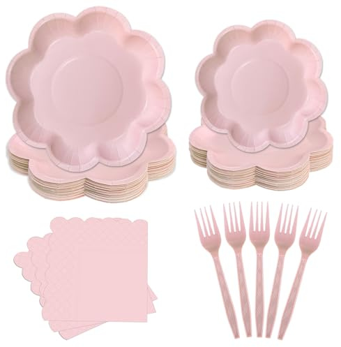 Yinbanban 96 Pcs Party Supplies Scalloped Paper Plates 10 inch & 8 inch,Paper Napkins Forks Disposable Light Pink Set of 24 Guests Great for Mother's day,Birthday,Wedding,Garden Events