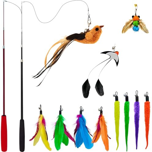 miwoowim Interactive Cat Wand Toy Set – 2 Retractable Wands (37 & 49) with 11 Refills Attachments – Feather Toys, Plush Bird, Worms, Insect & Swallow – Cat Teaser Toys for Indoor Cats & Kittens