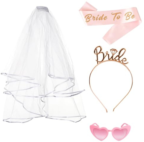 Braut-to-Be-Schärpe und Schleier Set mit Rosa Herz-Sonnenbrille, Weißer Braut-Schleier mit Kamm, Roségold Tiara und Stirnband, JGA Frauen Accessoires für Junggesellinnenabschied, Brautparty & Brautsho