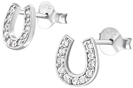 925 Sterling Silver Crystal Horseshoe Stud Earrings - Hypoallergenic Good Luck Earrings for Women & Girls, Gift for Equestrians and Horse Lovers - I love silver jewellery
