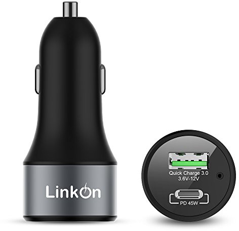63W LinkOn KFZ Autoladegerät mit 45W USB C PD3.0 PPS und 18W USB-A Qualcomm QC3.0 Kompatibel mit MacBook, Google Pixel, iPad, iPhone X, 8, Samsung S8 S9 S10 S20 Huawei Android und Nintendo Switch