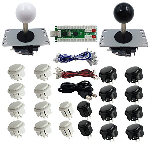SJJX 2 Players DIY Arcade Game Button And Joysticks Controller Kits for Raspberry Pi And Windows,5 Pin Joysticks,Black And White Each with 10 Buttons