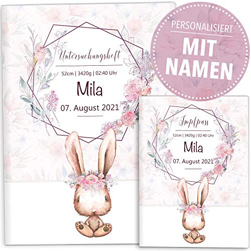 OLGS U-Heft-Hülle inkl. Impfpass Hülle Set Cute Bunny Hase | Untersuchungsheft- & Impfpasshülle mit Innenfächern, Geschenkidee mit Namen & Geburtsdatum (Uhefthüllen personalisiert, Romy)