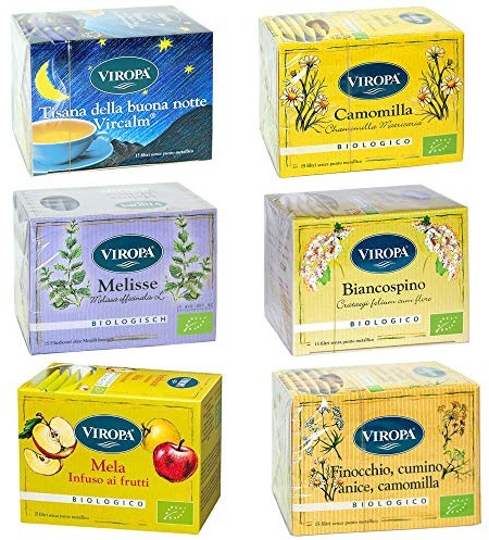 Viropa - Pacchetto RELAX - Assortimento di 6 confezioni da 15 filtri: Buonanotte Vircalm, Camomilla, Melissa, Biancospino, Mela, Finocchio-Anice-Cumino + in OMAGGIO Tisana alle Erbe TISANIAMO