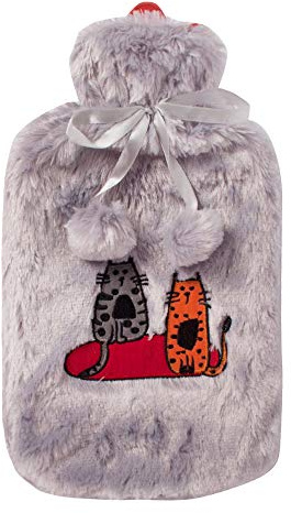 Biggdesign Cats Wärmflasche mit waschbarem und weichem Plüschbezug, Bettflasche für Kinder und Erwachsene, 2L Wärmflasche Gestrickter für Rücken- und Bauchschmerzen, Hot Water Bottle, grau