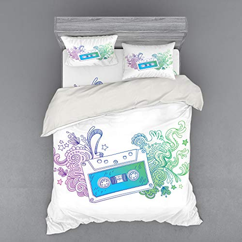 Ambesonne Hipster Duvet Cover Set, Audio Cassette Tape with Line Art Floral Musical Old Fashion Melody Print, 4 Piece Bedding Set with Shams and Fitted Sheet, Queen Size, Blue Mint Purple
