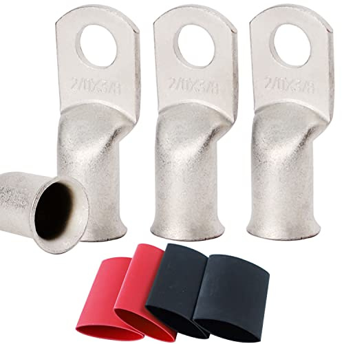 TKDMR 4pcs 2/0 Awg-3/8 Ring Marine Grade Copper Wire Lugs,with 3:1 Heat Shrink Tubing,UL Battery Cable Ends,Heavy Duty Cable Lugs,Tinned Copper Eyelets,Tubular Ring Terminals