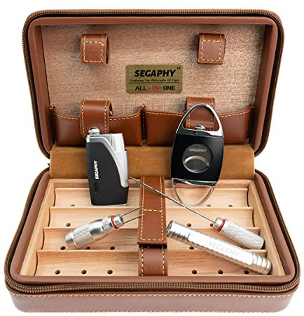 SEGAPHY Zigarren-Humidor mit 2-Wege-Feuchtigkeitskontrolle, Reiseetui aus Leder mit Feuerzeug, Zigarrenschneider und Zugverstärker-Werkzeug, All-in-One, tragbarer Humidor mit Zedernfutter, für 4