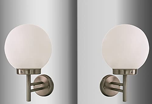 Trango 2er Pack 8004 IP44 Außenlampe *BO* Außenwandleuchte mit Acryl Kugelförmig Lampenschirm & Edelstahl Außenstrahler mit E27 Fassung Gartenleuchte, Wandstrahler, Wandleuchte ohne Leuchtmittel