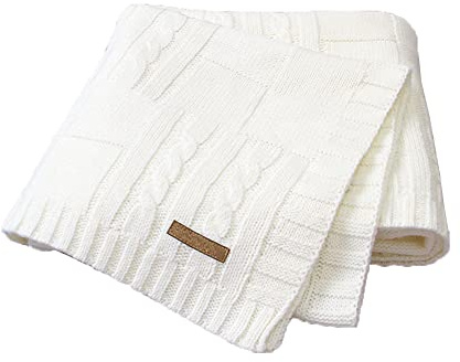 Surwin Strickdecke Babydecke Kuscheldecke Baumwolle, Mädchen und Jungen Babys Gestrickt Kinderdecke Freien Krabbeldecke Perfekt für Kinderwagen Babybett (80x100cm,Weiß)