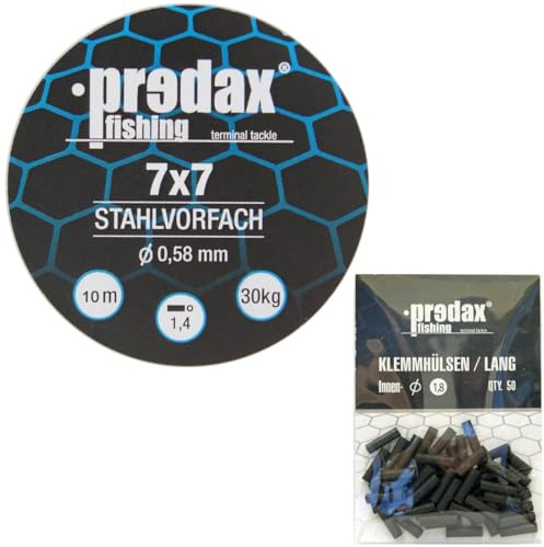 Predax Stahlvorfach 7x7 braun 10m 30kg + 50 Klemmhülsen 1,8mm - Set, Stahlvorfächer zum Hechtangeln, Stahlmaterial Hecht
