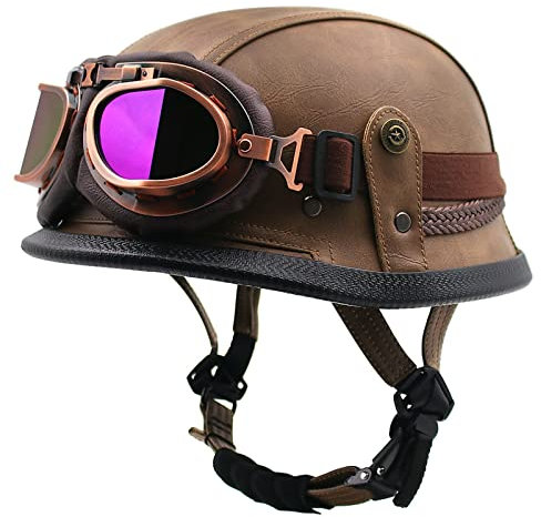 HZIH Portatile Mezzi Caschi Jet retrò Casco Scodella Moto Casco con Occhiali,Classic Jet Aperto Caschi,Scooter Caschi Scodella Motorino Mezzo Casco DOT/ECE Certificazione F,L=59-60cm