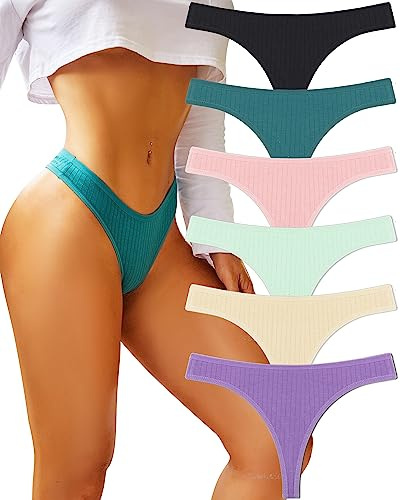 FINETOO 6 Pack Cotton Thongs for Women Breathable Low Rise Bikini Panties Womens Thong Underwear Sexy S-XL
