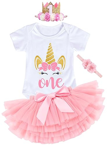 YYDSXK Ensembles Bébés Filles 1er Anniversaire, Tenue D'anniversaire pour Bébé Fille, Barboteuse Body, Robes Tutu, Bandeau Couronne, Bandeau Fleuri, pour la Baby Shower, Fête, Photographie