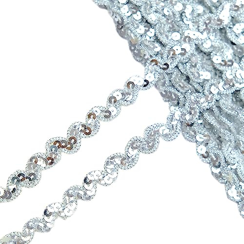 Wambere 13 m 1cm Breite Paillettenspitze,Glänzendes Geflochten Zierband Paillettenband Glitzer Borte aus Dekoband Zierband Geschenkband Bortenband für DIY NäHen KostüMe Handwerk Verzierungen,Silber