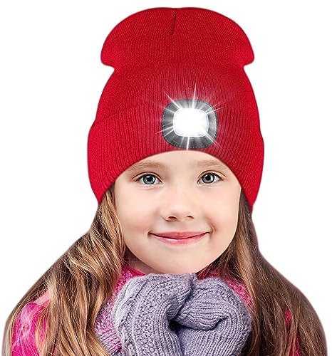 SPGOOD Wiederaufladbare mütze mit LED licht für Kinder, für Jungen und Mädchen, abnehmbare und waschbare warme beleuchtete mütze mit Lampe für den Winter im Freien(Rot)