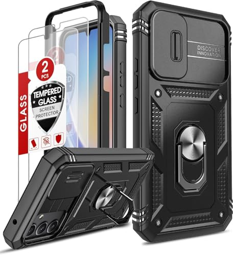 LeYi Kameraschutz Hülle für Samsung Galaxy A34 5G/A 34 mit 2 Schutzfolie, Hybrid Handyhülle Metall Ring Ständer Cover Case Kamera Schiebeabdeckung Schutzhülle Militär Standard Handy Hüllen Schwarz