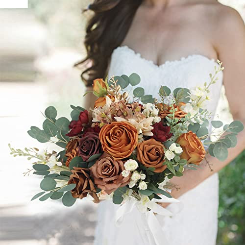 Rinlong Hochzeitssträuße für die Braut, 50 cm, gebrannter Orange, Brautstrauß für Hochzeit, Terrakotta, künstliche Seidenblumen, Hochzeitsstrauß