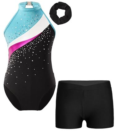 MSemis Mädchen Gymnastikanzug Ärmellos Turnanzug Trikotanzug Gymnastik Tanz Training Gymnastikbody mit Shorts Kurze Hose und Haarband Wettbewerb Sport Set See Blau & Schwarz 134-140