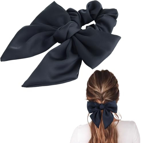 SXQLYH Damen Haargummis Scrunchies Satin mit Groß Schleife für Damen, Haargummi Ballerina-Schleife, Scrunchies Satin elastisch, Zopfgummi, Pferdeschwanzhalter Haarschmuck für Frauen Mädchen (Schwarz)