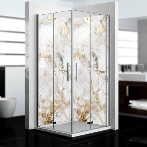 dedeco Eck-Duschrückwand wasserfest Motiv: Marmor V21, UV-Lack glänzend, 2 x 90x200 cm, Badrückwand zum Fliesenersatz, als Dekorwand, Wandverkleidung und Duschplatte aus Aluminium - Made in Germany