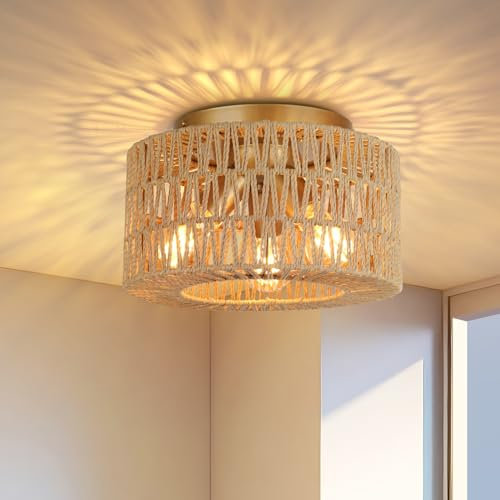 FRIDEKO HOME Plafonnier Boho,3 Flammes Plafonnier Vintage avec Abat-jour en Rotin Lampe à Suspendre Douille E27 pour Salon Salle à manger Chambre Cuisine Couloir