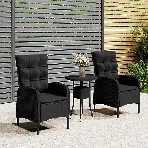 Festnight Balkonmöbel Set mit 2 Stühle und Tisch Rattan Gartensessel mit Liegefunktion Bistroset 2 Personen Balkon Sitzgruppe Garten Balkonset Balkontisch mit 2 Stühlen Polyrattan Liegesessel Schwarz
