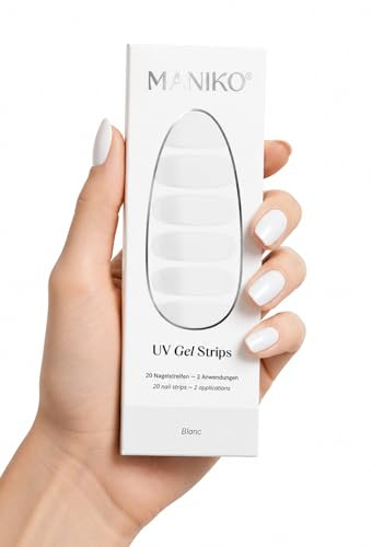 Maniko UV Gel Strips Blanc Weiß – 20 UV Nagelsticker, 2 Anwendungen | UV Nagellack zum Kleben, selbstklebende Nagelfolie für natürliche Nägel, vegan & langanhaltend – Geschenk zu Geburtstag