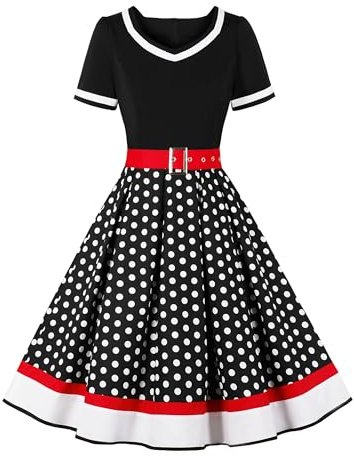 Nihsatin Women's 1950s Vintage Polka Dots Swing Dress Short Sleeve Cocktail Party Dress with Belt