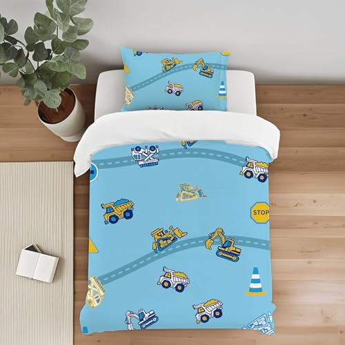 Caregchrisj Bettwäsche 135x200 für Kinder Jungen mit Traktor Bagger Autos Muster, Blau Mikrofaser Kinderbettwäsche-Set für Bettbezug und 80x80cm Kissenbezug 2 teilig mit Reißverschluss