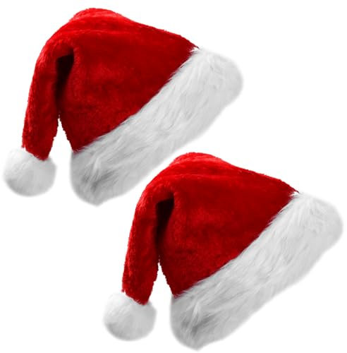 2 Pcs Weihnachtsmütze Plüsch, Xmas Nikolausmütze Erwachsene Kinder, Doppellagen, Unisex Weihnachtsmann Kostüm, Santa Mütze Rot, Nikolaus Weihnachten Mütze für Weihnachtsfeier Herren Damen (Set A, L)